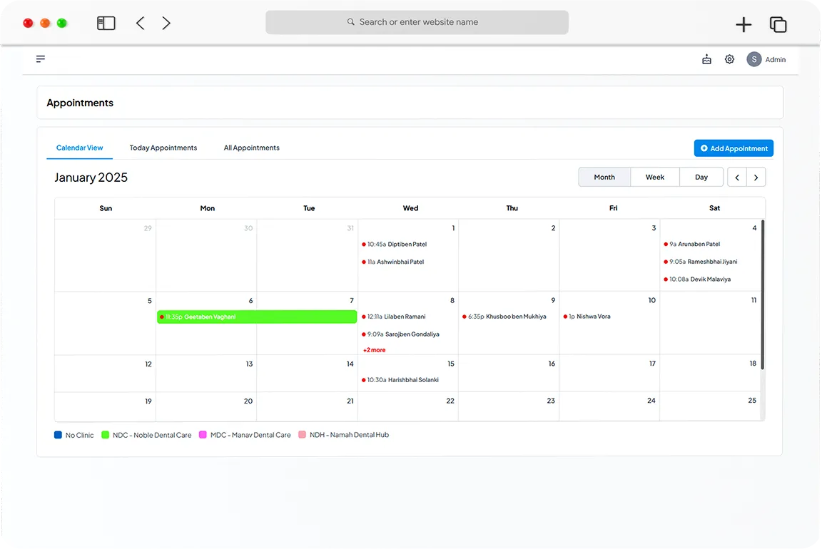 Calendar view for daily, weekly and monthly appointments.