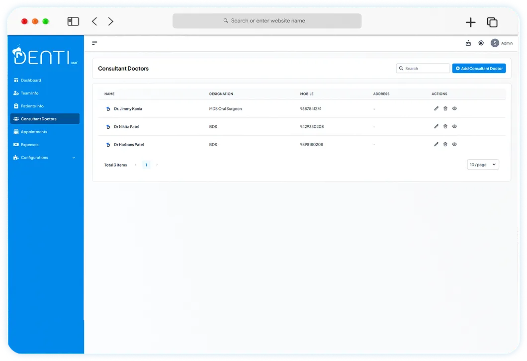 Denti360 Reference Doctors Management screen