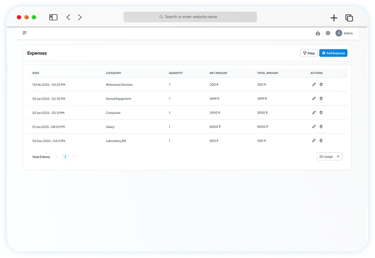 Expense tracking with categorisation by type, date and amount.