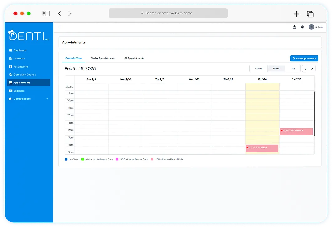 Denti360 Appointment Scheduling screen