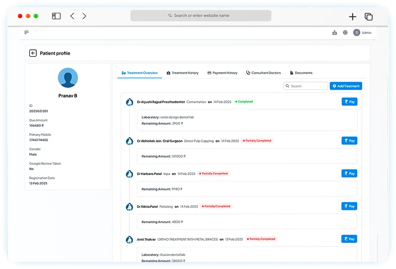 Detailed patient profiles, including medical history, treatments and contact details.