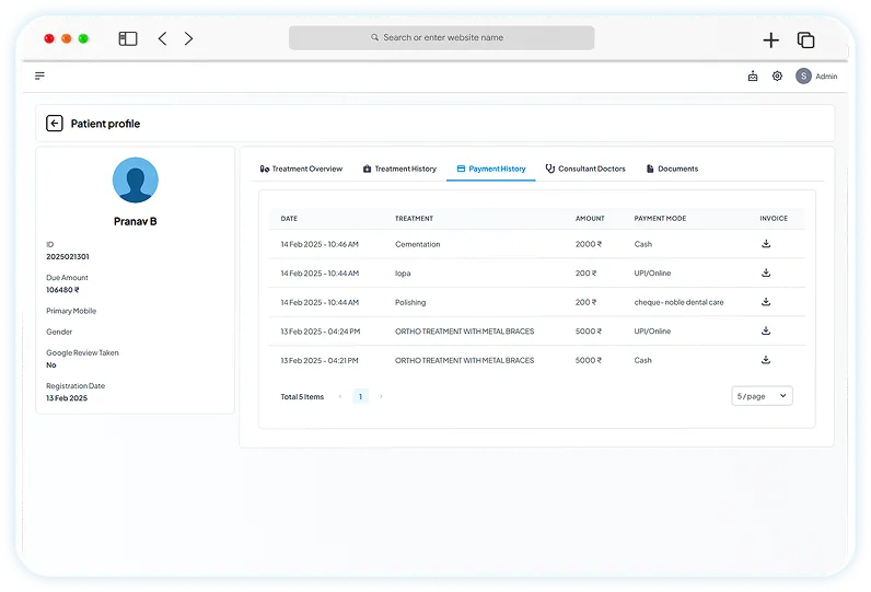 Treatment and billing history with quick access to outstanding balances.