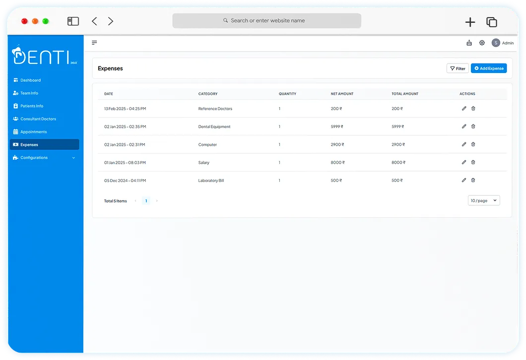 Denti360 Expense Management screen
