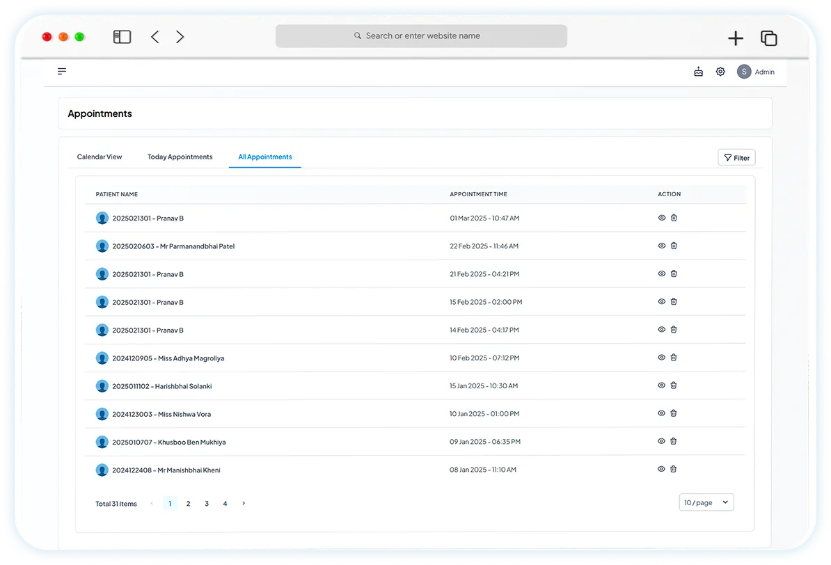 Filtering options by doctor, patient and appointment type.