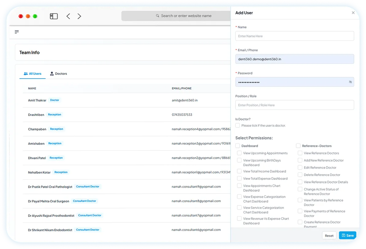 Define permissions for roles like admin, receptionist, dentist and more.