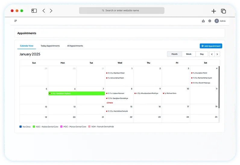 Denti360 appointment calendar with daily, weekly and monthly views