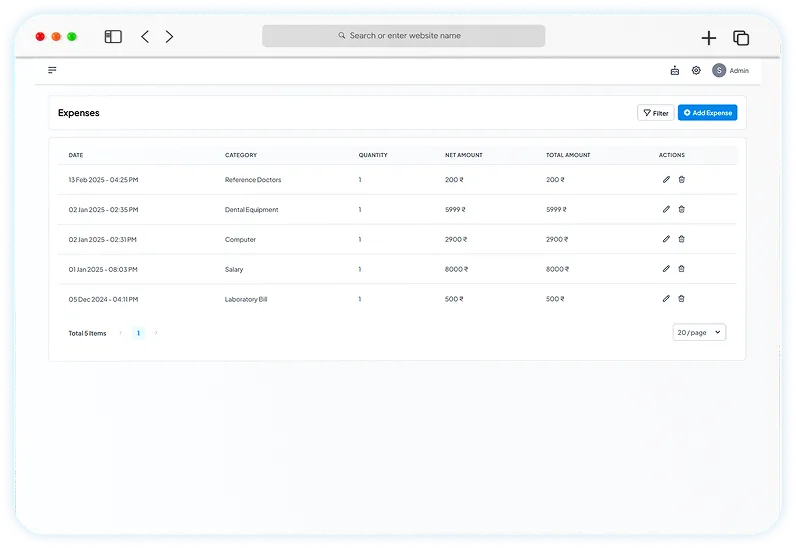 Denti360 expense dashboard with categorised spending and reports